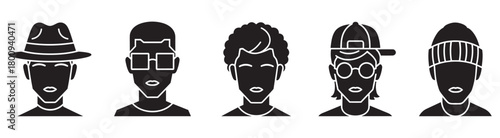 A diverse set of five male character icons in a minimalist black and white style, showcasing different subcultures with various hairstyles, hats, and glasses on a white background