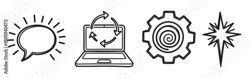 A collection of hand-drawn business and technology icons, including a speech bubble, laptop with refresh arrows, gear, and starburst, isolated on a white background