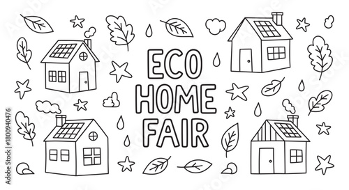 Cute doodle illustration for an eco home fair featuring houses with solar panels, leaves, and clouds, representing sustainable living and green energy in a simple line art style