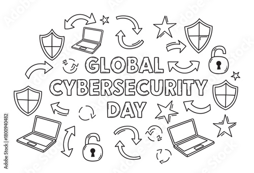 Hand-drawn doodle illustration celebrating Global Cybersecurity Day with laptops, shields, and locks, symbolizing internet safety, data protection, and online awareness