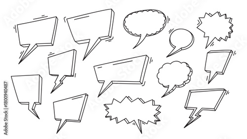 A collection of hand-drawn comic book style speech bubbles and thought clouds in various shapes, featuring a black and white doodle aesthetic with a 3D effect, isolated on a white background