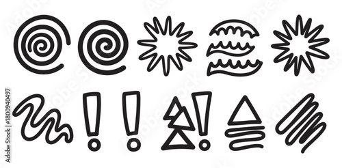A collection of hand-drawn black doodle shapes and symbols, including spirals, starbursts, and exclamation marks, isolated on a white background for creative design projects