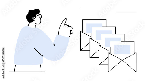 Person pointing towards stacked open envelopes with message inserts, suggesting email organization. Ideal for productivity, communication, networking, digital marketing, notifications, workflow