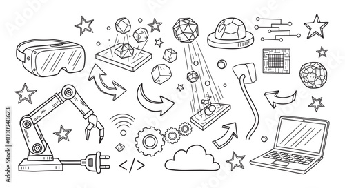A hand-drawn doodle set of technology icons including a VR headset, robotic arm, and laptop, representing concepts like the metaverse, automation, and future innovation on a beige background