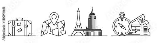 A set of minimalist black line art icons for travel and tourism, including a suitcase, map with pin, famous landmarks, a compass, and airline tickets, isolated on a white background