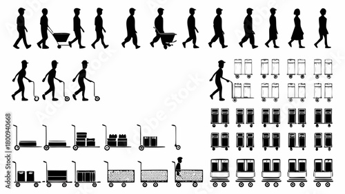 Dynamic silhouettes of people walking, transporting goods with carts and wheelbarrows, movement concepts