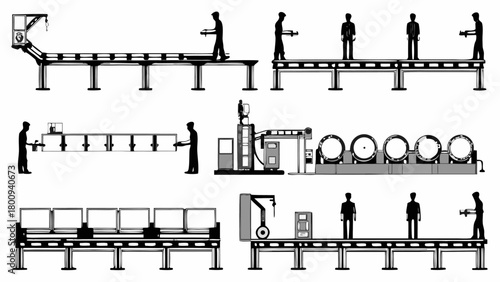 Automated factory assembly line process with workers and machines for modern industrial production