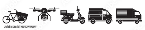 A set of black silhouette icons representing various delivery service vehicles, including a cargo bike, drone, scooter, van, and truck, isolated on a clean white background