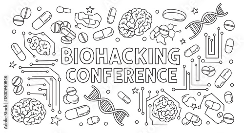 A black and white line art illustration for a biohacking conference, featuring doodles of brains, DNA, pills, and circuit boards on a white background