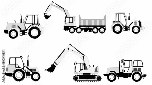 Construction vehicles collection, tractors and excavators for building and industrial projects needs a modern look
