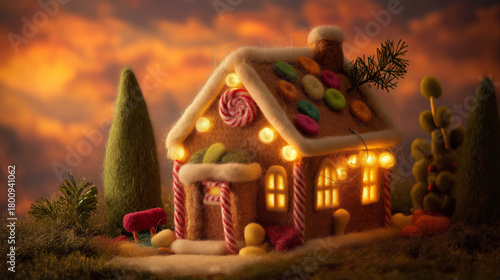 Magical gingerbread house with lights at sunset in a whimsical setting.