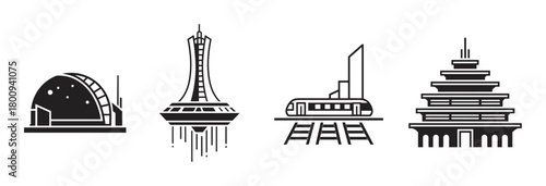 Minimalist black and white vector icon set featuring futuristic architectural designs and advanced transportation concepts for modern urban and technology themes