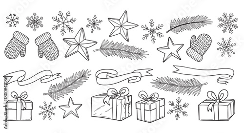 Hand-drawn vector illustration set of festive winter holiday elements like gifts, stars, snowflakes, and mittens in a simple black and white line art doodle style