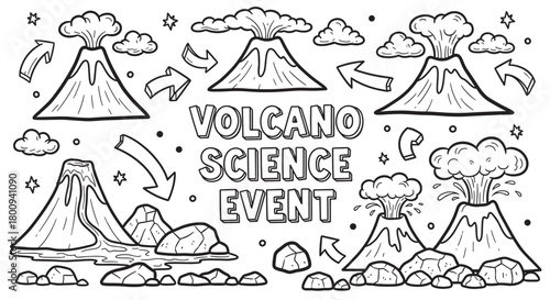 A black and white doodle set of erupting volcanoes with lava, smoke, and rocks, perfect for a science event, educational materials, or a children's coloring page activity