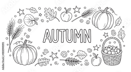 Black and white coloring page illustration with Autumn lettering and a frame of seasonal harvest elements including pumpkins, apples, oak leaves, and wheat in a cute doodle style