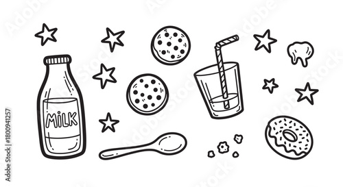 A cute set of black and white line art icons featuring breakfast and snack foods like milk, cookies, and a donut, illustrated in a whimsical hand-drawn doodle style