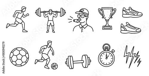Set of minimalist black line icons for sports and fitness, including a runner, weightlifter, coach, trophy, and various athletic equipment, isolated on a white background