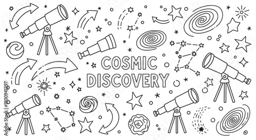 Playful black and white line art banner with hand-drawn astronomy doodles like telescopes, stars, and galaxies celebrating the concept of cosmic discovery and science