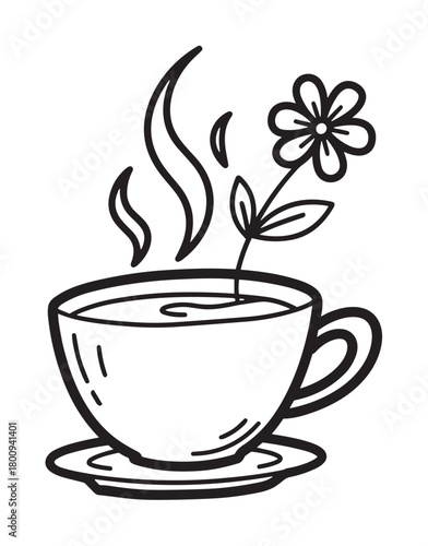 A charming black and white doodle of a steaming cup of herbal tea with a delicate flower blooming from within, isolated on a white background in a simple line art style
