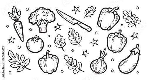Hand-drawn set of fresh organic vegetables and a kitchen knife in a simple black line art doodle style, illustrating a healthy cooking and vegetarian food concept