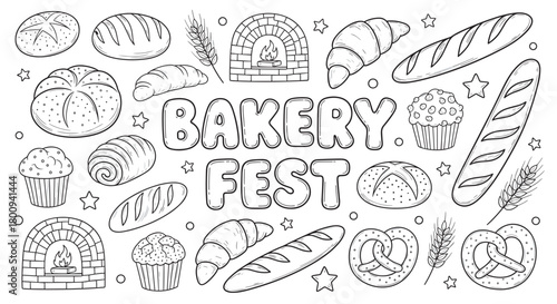 Hand-drawn outline illustration of assorted baked goods for a food festival, including bread, pretzels, muffins, and a traditional oven, isolated on a white background