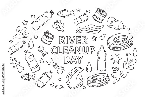 Hand-drawn doodle illustration for a river cleanup day, featuring plastic bottles, tires, and other trash polluting the water, representing an environmental awareness concept