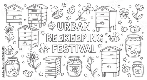 A charming black and white doodle set for an urban beekeeping festival, featuring cute bees, beehives, honey jars, and flowers, perfect for coloring pages and event promotions