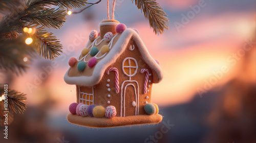 Festive gingerbread house ornament hanging outdoors against sunset sky.