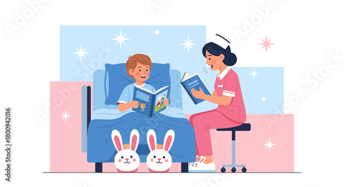 A Nurse Reads a Bedtime Story to a Smiling Child with Bunny Slippers