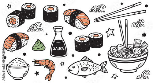 A collection of hand-drawn doodle illustrations featuring various Asian food items like sushi, ramen, rice, and seafood on a light background, representing traditional cuisine