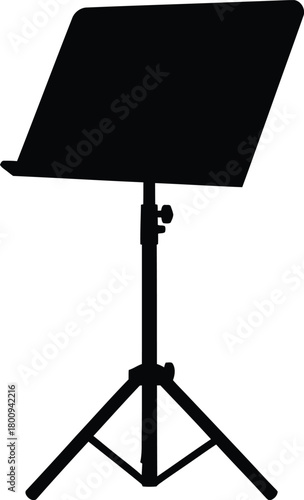 Black music stand with adjustable height and angle on white background