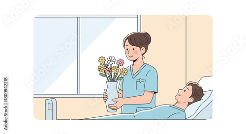 Caring Nurse Brings Flowers To A Patient, Promoting Comfort And Well-Being In A Hospital Setting