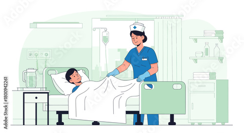 Caring Nurse Comforts Patient Inside Hospital Room With Tender Loving Assistance