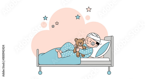 Child Patient Recuperating In Hospital Bed Comforted By Teddy Bear At Night