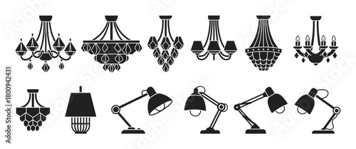 A collection of black silhouette icons featuring various types of lighting fixtures, including classic chandeliers and modern desk lamps, isolated on a white background