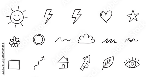 A collection of cute hand-drawn doodle icons in a simple black outline style, featuring a sun, heart, star, cloud, and other elements isolated on a white background