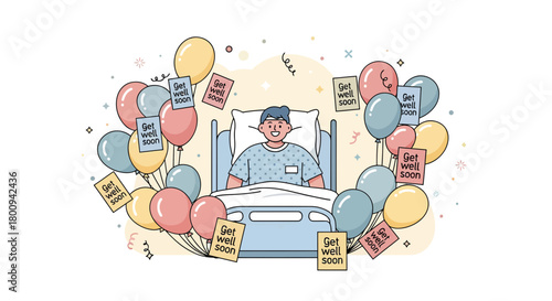 Cheerful Patient Receiving Get Well Wishes on Balloons, Showing Recovery Positivity
