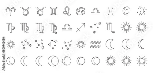 A collection of minimalist black line art icons featuring all twelve zodiac signs, sun, moon phases, and star constellations for astrological and esoteric concepts on a white background