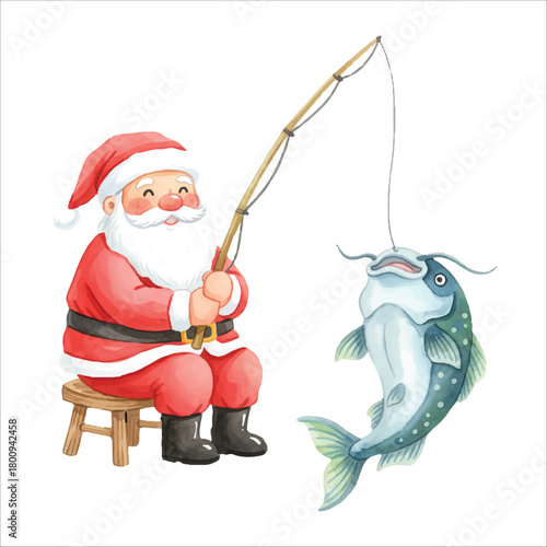 Vector Santa Claus Fishing and Holding Catfish Isolated on White Background
