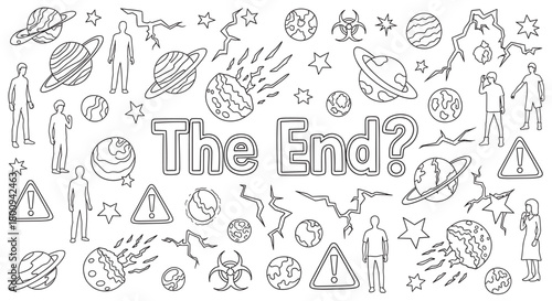 Apocalyptic concept illustration with hand-drawn doodles of planets, meteors, biohazard symbols, and human silhouettes surrounding the question 'The End?' in a line art style
