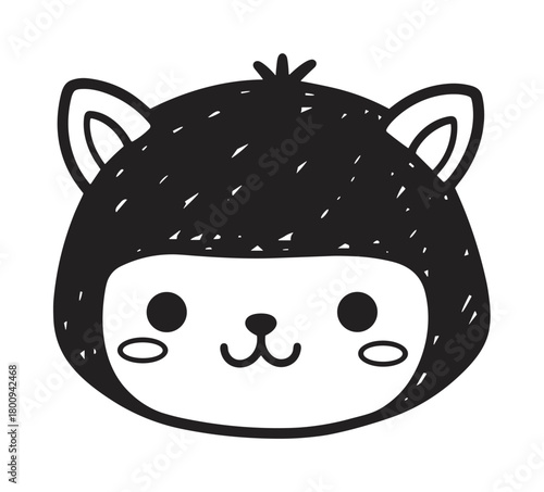 A cute hand-drawn doodle of a happy animal face with big eyes and a fuzzy hat, created in a simple black and white line art style and isolated on a white background