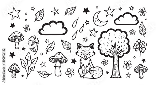 A charming set of hand-drawn woodland and nature doodles, including a cute fox, mushrooms, trees, flowers, stars, and the moon in a whimsical black and white line art style