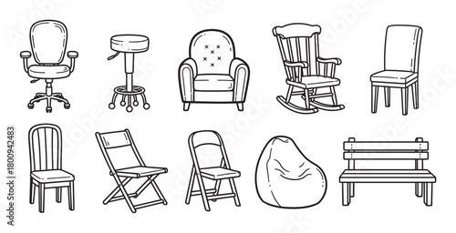 A collection of various types of chairs and seating furniture, including an office chair, armchair, and bench, illustrated in a simple black and white doodle line art style