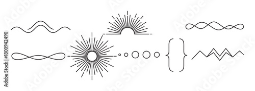 A collection of minimalist black line art design elements, including sunbursts, waves, and geometric dividers, isolated on a clean white background for graphic design projects