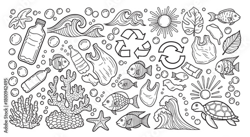 A collection of hand-drawn doodles illustrating the concept of ocean pollution, with plastic waste like bottles and bags mixed with marine life, waves, and recycling symbols