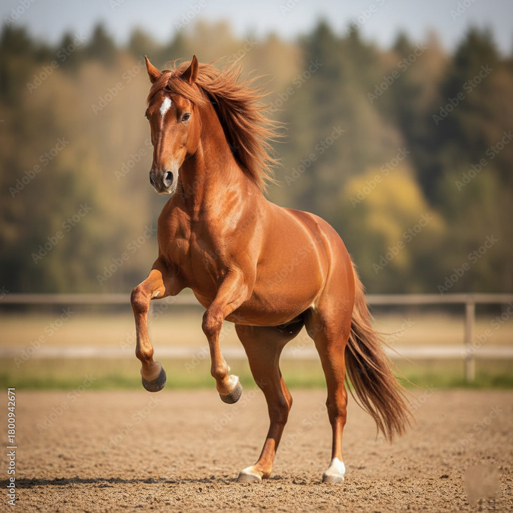 Fototapeta premium Magnificent sorrel horse rearing in a sandy arena