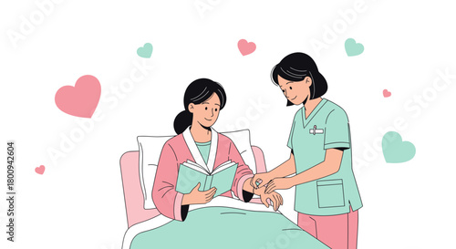 Compassionate Nurse Assists Patient Resting Peacefully And Reading A Book In The Hospital
