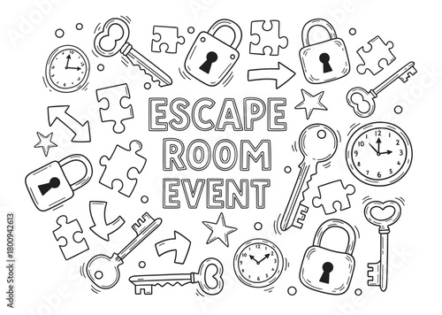Hand-drawn black and white doodle illustration for an escape room event, with text surrounded by keys, locks, puzzle pieces, and clocks on an isolated white background