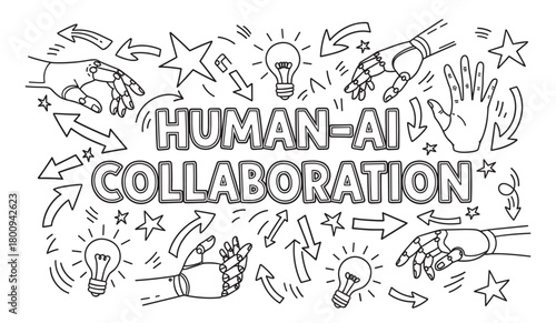A black and white doodle illustration about Human-AI collaboration, showing robotic and human hands, light bulbs for ideas, and arrows symbolizing teamwork and innovation