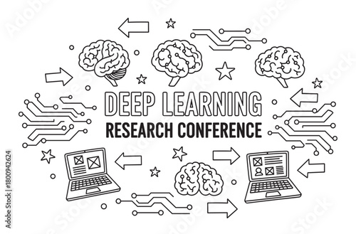 Minimalist line art banner for a research conference on deep learning and artificial intelligence, featuring icons of brains, laptops, and neural network circuits